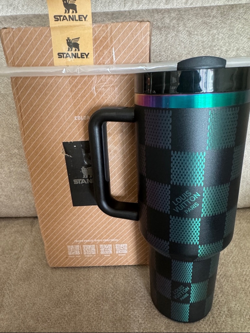 Stanley-Louis Vuitton Iridescent Teal and Black Checker Travel Mug with Handle
